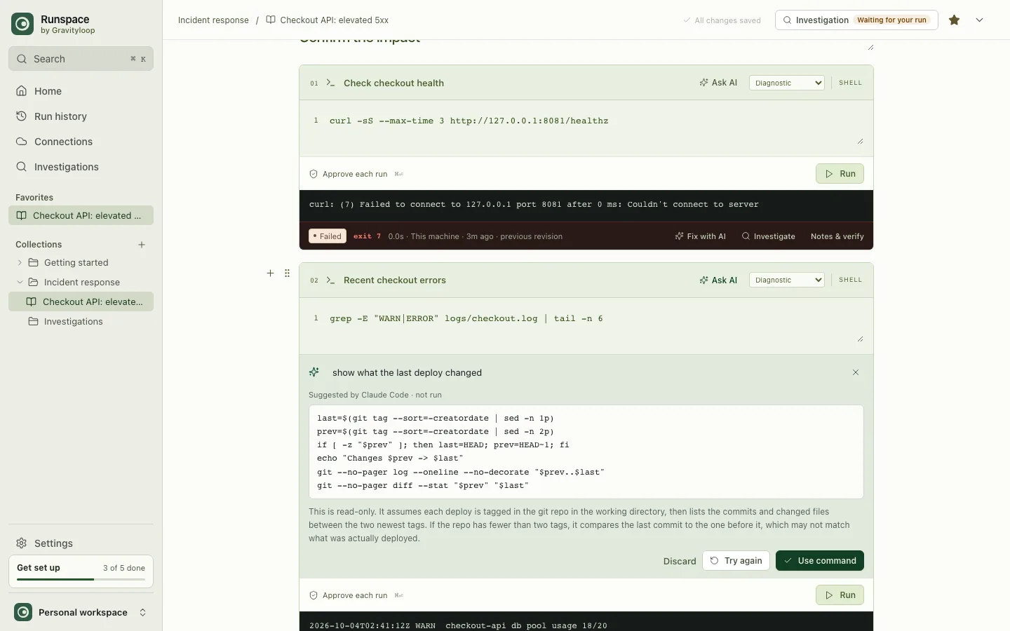 A Runspace runbook with Claude Code suggesting the next command inline