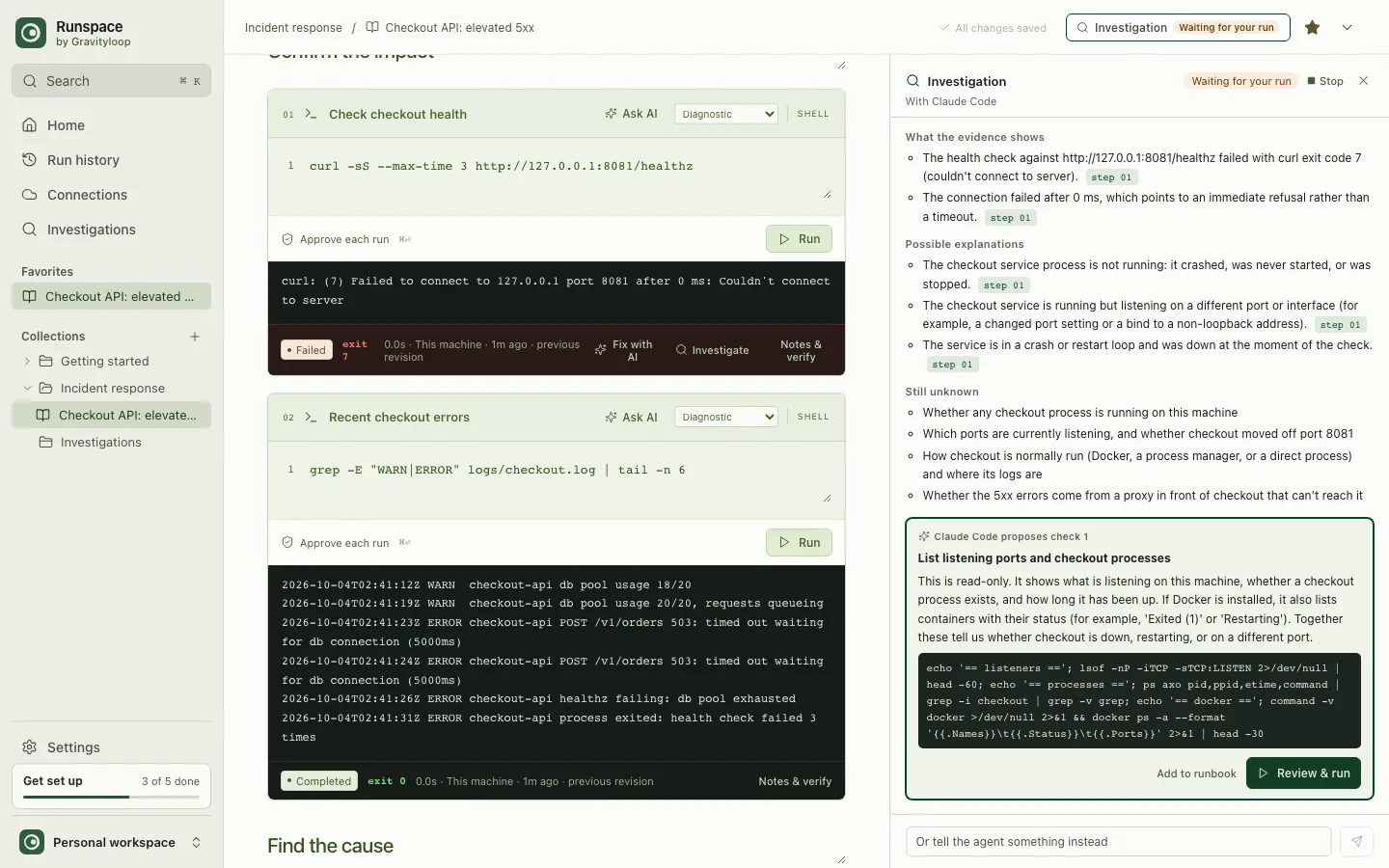 A Runspace investigation panel listing evidence, possible causes and a proposed next check